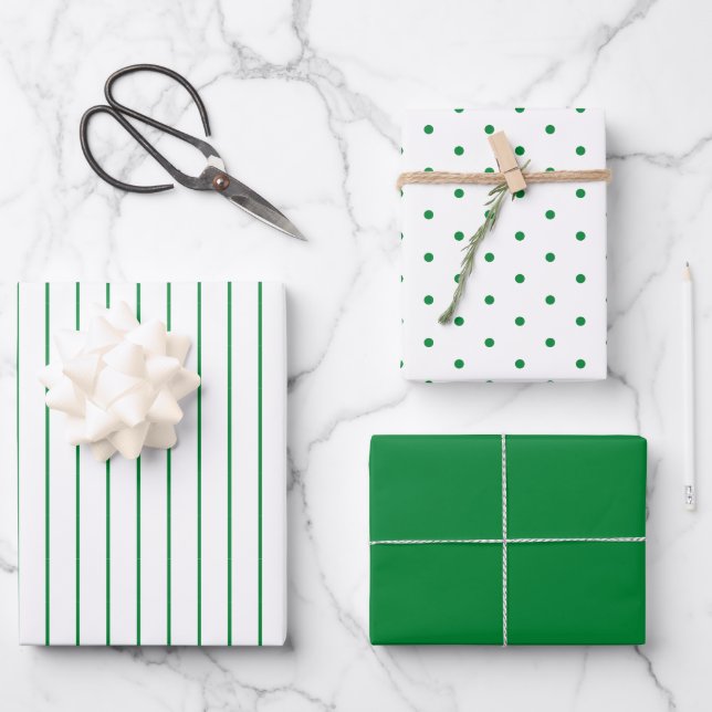 Green Polka Dot und gestreift und fest Geschenkpapier Set (Vorderseite)