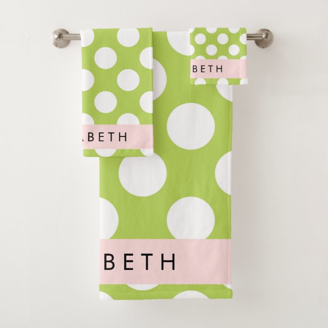 Green Polka Dots, Polka Dot Pattern, Ihr Name Badhandtuch Set (Insitu)