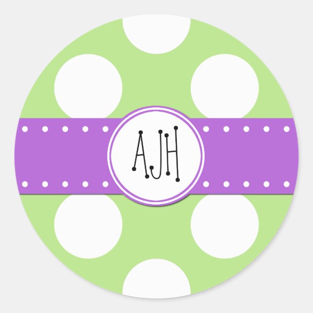 Green Polka Dots, Polka Dot Pattern, Monogramm Runder Aufkleber (Vorderseite)