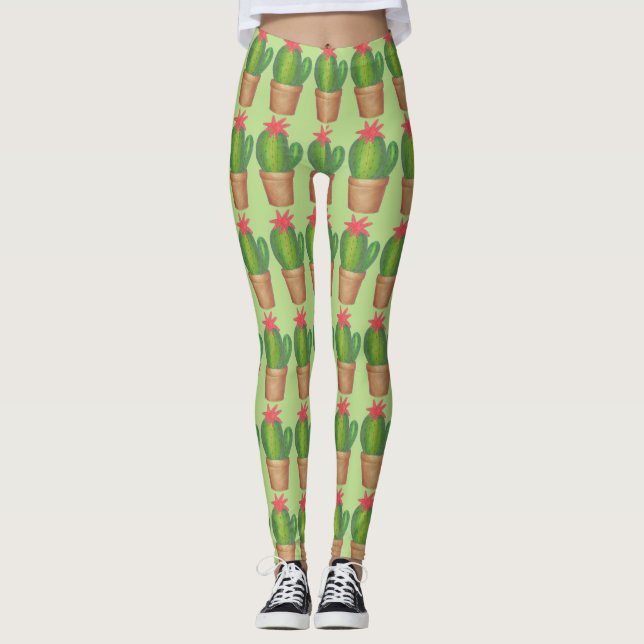 Green Prickly Cactus Potted Pflanze Blume Leggings (Vorderseite)