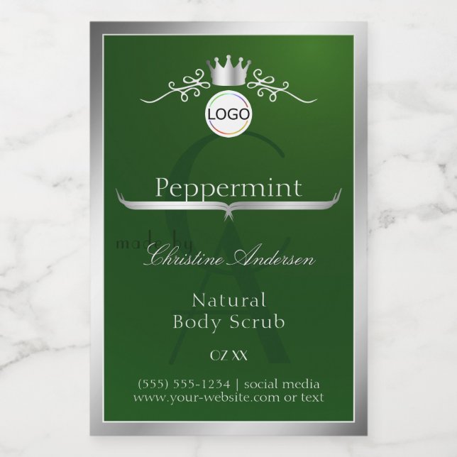 Green Product Label Silver Frame Logo and Monogram Lebensmitteletikett (Einzelnes Label)