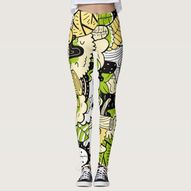 Green Psychedelic Kawaii Forest Leaf Funny Cool Leggings (Vorderseite)