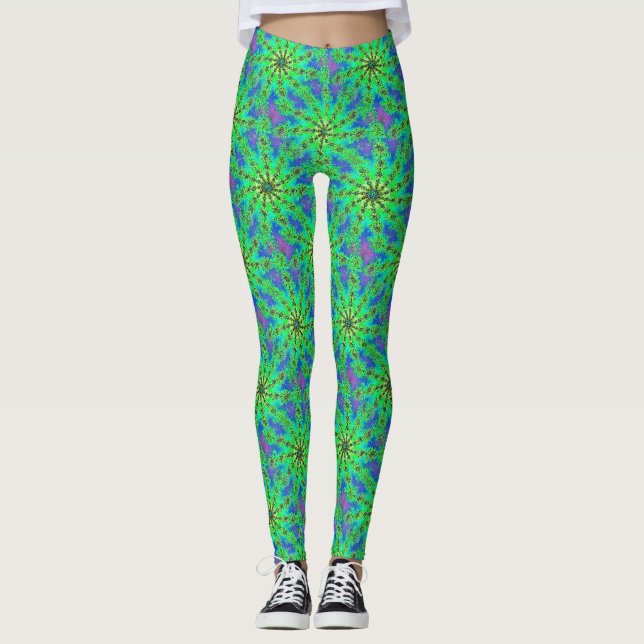 Green Psychedelic Sternexplosion Fraktal Pattern Leggings (Vorderseite)
