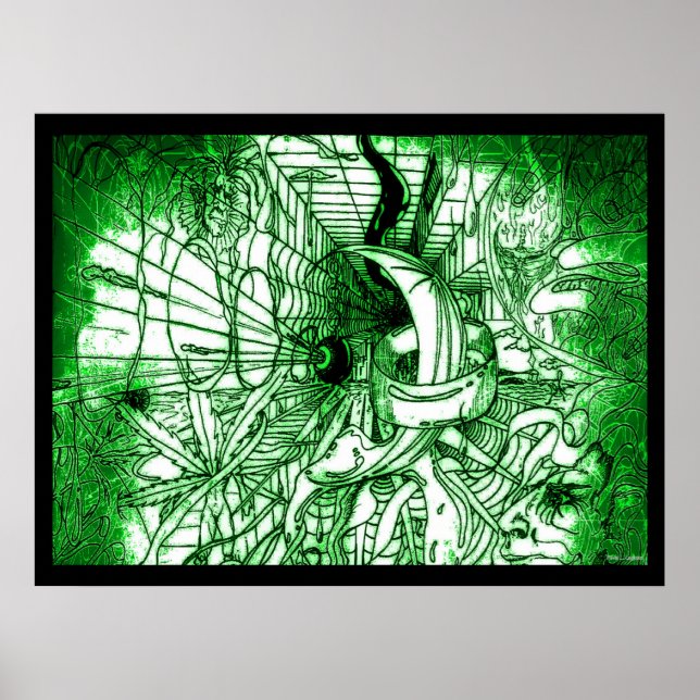 Green Psychedelic Surreal Zeichnend Poster (Vorne)
