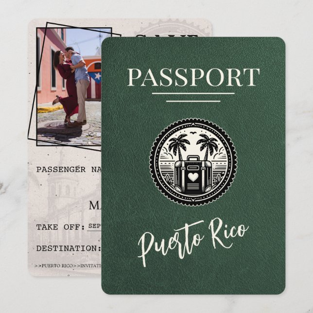Green Puerto Rico Passport Save The Date (Vorne/Hinten)