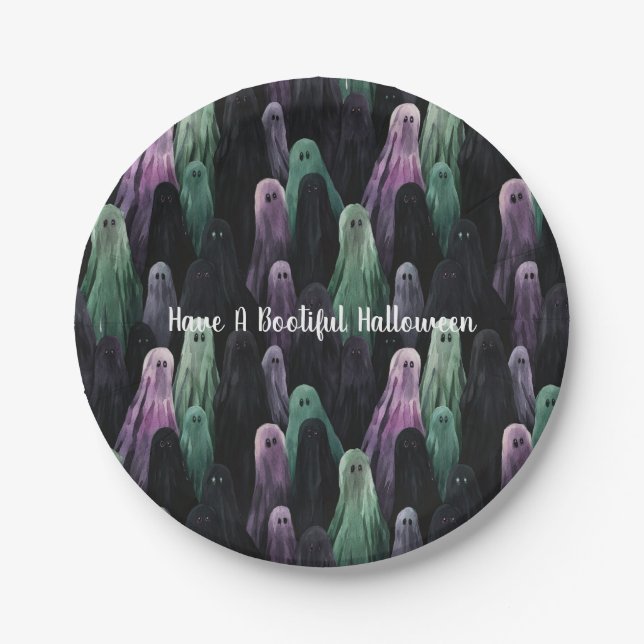Green Purple Black Ghosts Bootiful Halloween Pappteller (Vorderseite)
