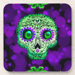 Green & Purple Glowing Sugar Skull Halloween Getränkeuntersetzer