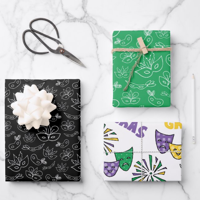 GREEN PURPLE YELLOW MARDI GRAS THEMES GESCHENKPAPIER SET (Vorderseite)