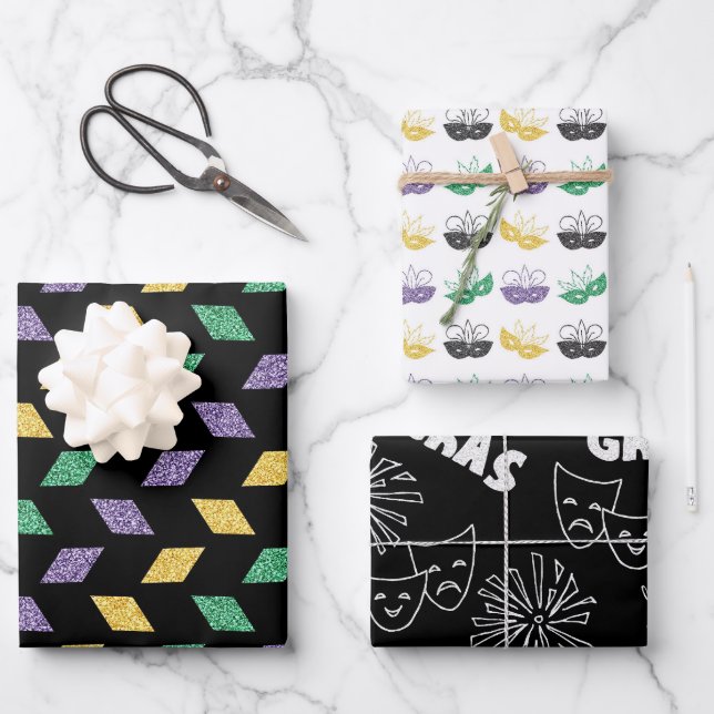 GREEN PURPLE YELLOW MARDI GRAS THEMES GESCHENKPAPIER SET (Vorderseite)