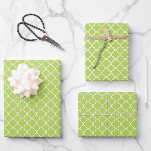 Green Quatrefoil, Latticework, marokkanischer Trel Geschenkpapier Set (Vorderseite)
