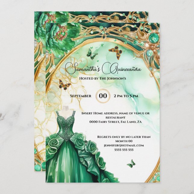 Green Quinceañera Peony Ballgown Blume elegant Einladung (Vorne/Hinten)