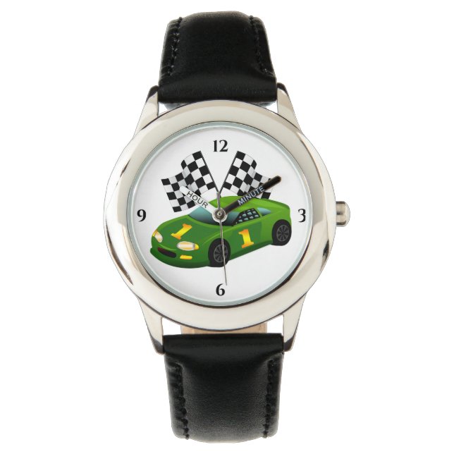 Green Race Car Checkered Sieger Flag Armbanduhr (Vorderseite)