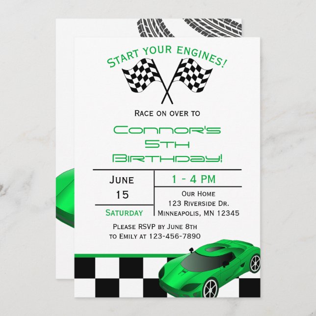 Green Race Car | Einladung von Kindergeburtstag na (Vorne/Hinten)