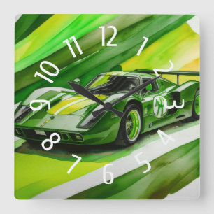 Green Race Car Watercolor Gelb Quadratische Wanduhr