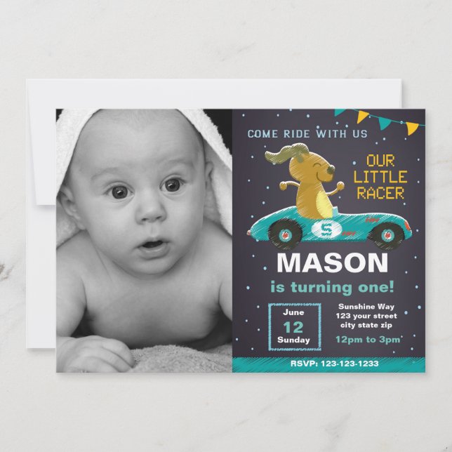 Green Racer Car Geburtstag Einladung mit Foto (Vorderseite)