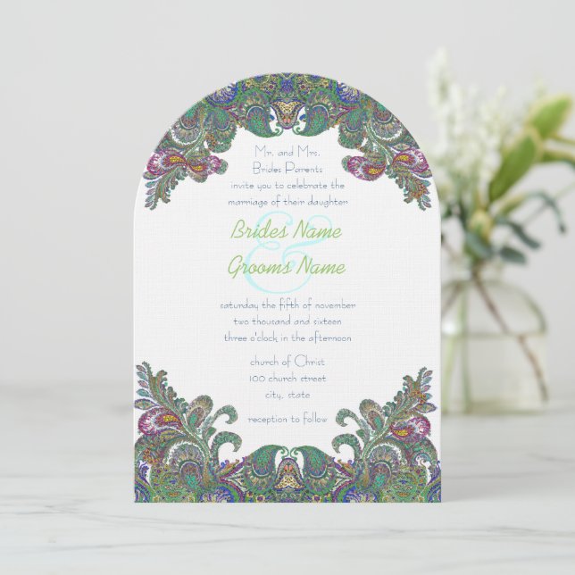 Green Raspberry Blue Damask Einladung (Stehend Vorderseite)
