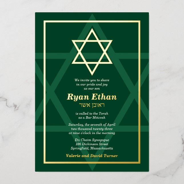 Green Real Gold Foil Star von David Bar Mitzvah Fo Folieneinladung (Vorderseite)