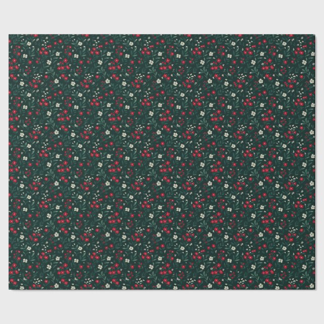 Green red and white Christmas flowers Geschenkpapier (Saum)