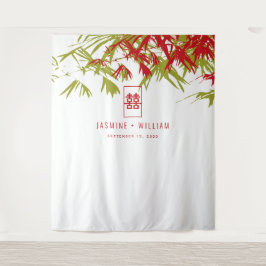 Green & Red Bamboo Blätter Chinesischer Hochzeitst Wandteppich