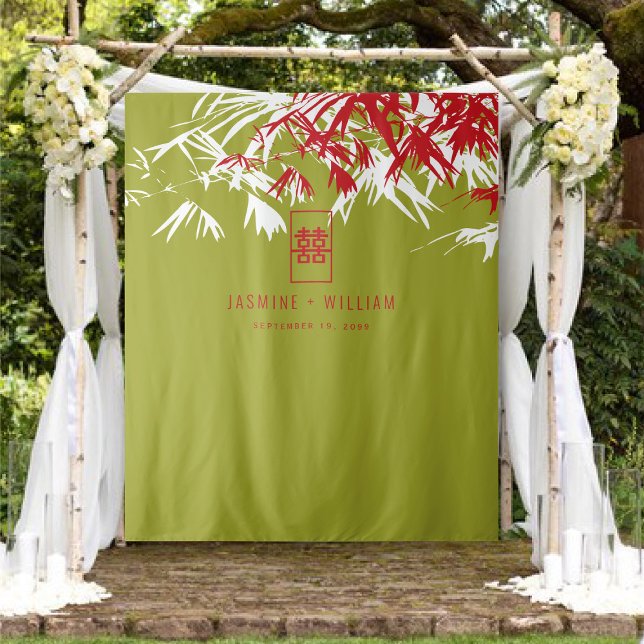 Green & Red Bamboo Blätter Chinesischer Hochzeitst Wandteppich (Green & Red Bamboo Leaves, Double Happiness Chinese Wedding Backdrop Tapestry @ fatfatin_ted_knot)