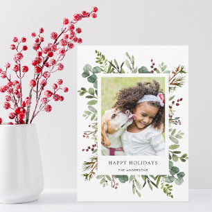 Green Red Berries Holiday Foto Card Feiertagskarte