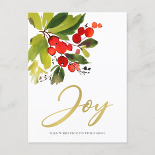 GREEN RED BERRIES WATERCOLOR CHRISTMAS JOY FEIERTAGSPOSTKARTE