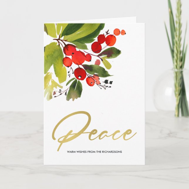 GREEN RED BERRIES WATERCOLOR CHRISTMAS PEACE KARTE (Vorderseite)