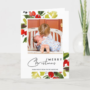 GREEN RED BERRIES WATERCOLOR MERRY CHRISTMAS FOTO KARTE
