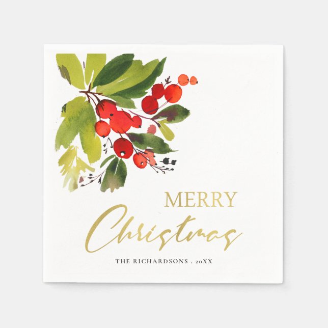 GREEN RED BERRIES WATERCOLOR MERRY CHRISTMAS SERVIETTE (Vorderseite)