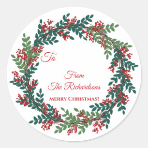 Green Red Berry Wreath Name Weihnachtsgeschenk Runder Aufkleber