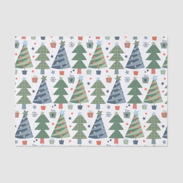 Green Red Blue Christmas Trees Festive Trendy Seidenpapier (Vorderseite)