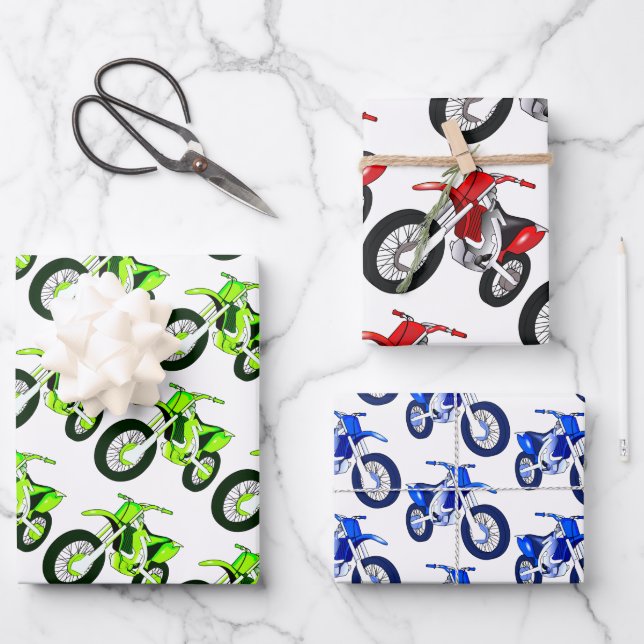 Green, Red, Blue Dirt Bike Motorrad Geschenkpapier Set (Vorderseite)