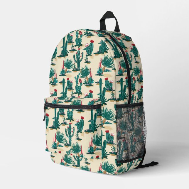 Green & Red Cactus Pattern Bedruckter Rucksack (Rückseitige Ecke Rechts)