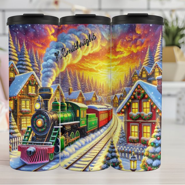Green Red Christmas Train Village Sunset Thermosbecher (Von Creator hochgeladen)