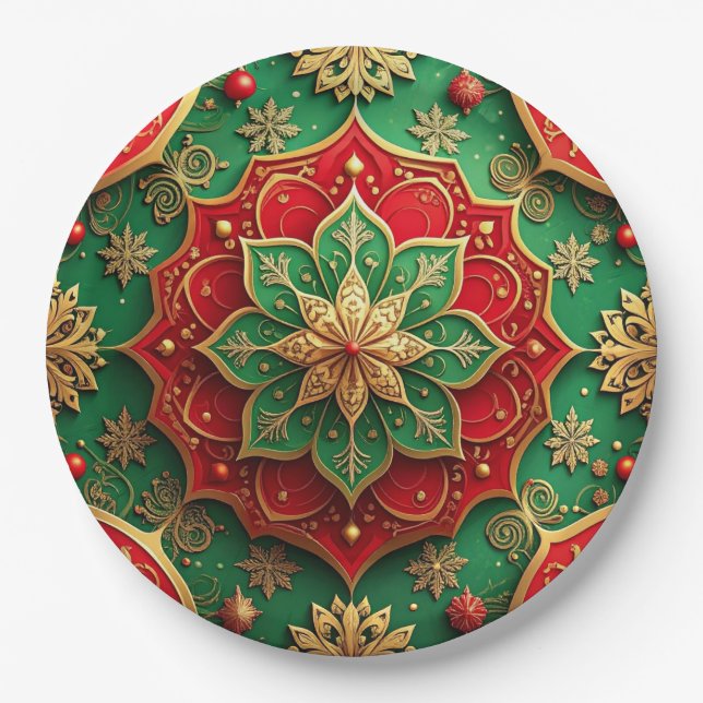Green Red Decorative Christmas Holiday Paper Plate Pappteller (Vorderseite)