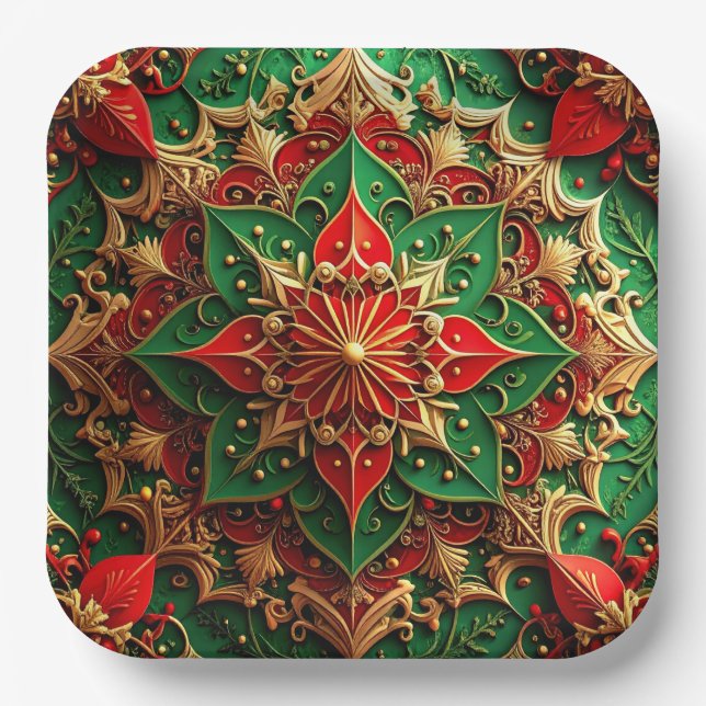 Green Red Decorative Christmas Holiday Paper Plate Pappteller (Vorderseite)