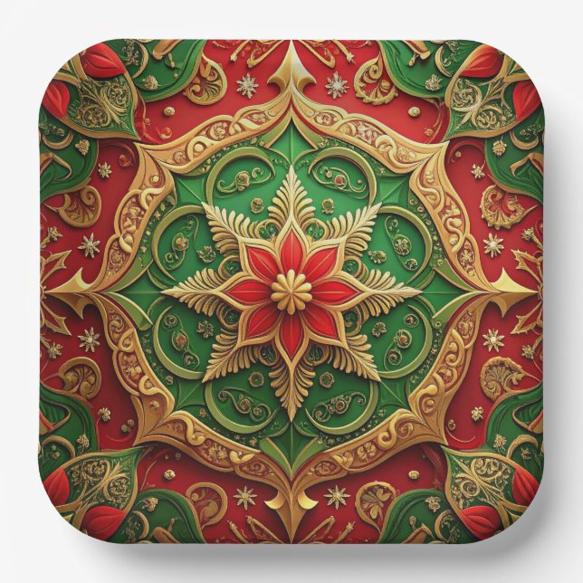 Green Red Decorative Christmas Holiday Paper Plate Pappteller (Vorderseite)