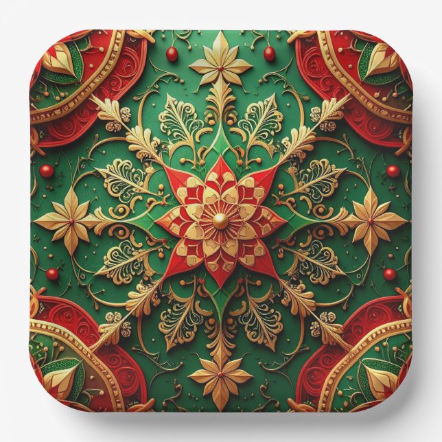 Green Red Decorative Christmas Holiday Paper Plate Pappteller (Vorderseite)