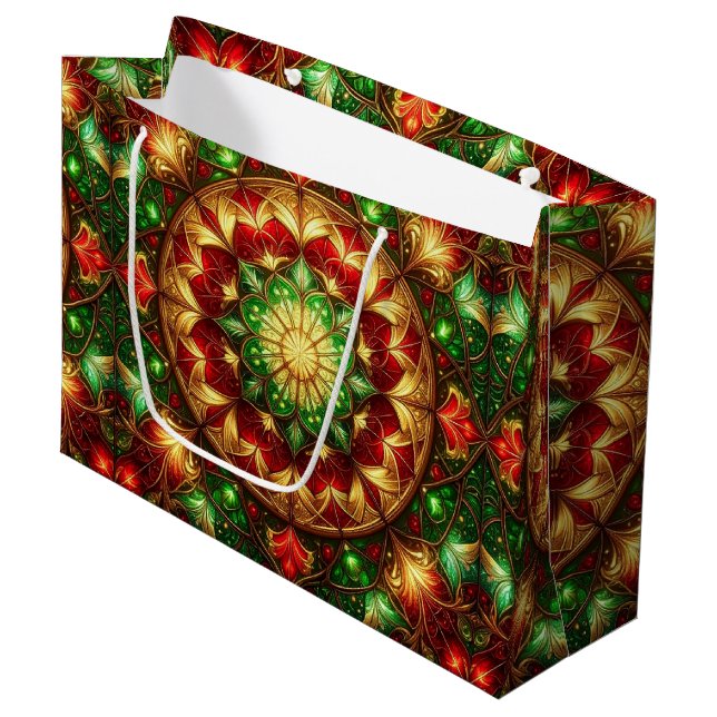 Green Red Decorative Holiday Gift Bag Große Geschenktüte (Vorderseite Schrägansicht)