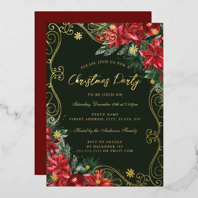 Green Red Festive Blume Swirt Weihnachten Party Folieneinladung (Vorderseite/Rückseite)