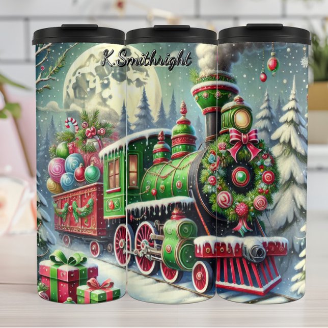 Green Red Festive Train Moonlit Gifts Thermosbecher (Von Creator hochgeladen)
