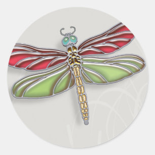 Green & Red Jewelly Dragonfly Runder Aufkleber