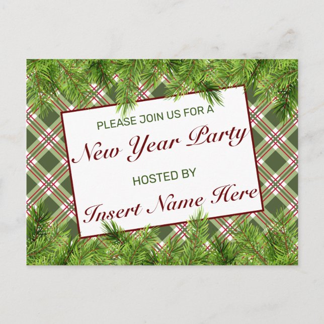 Green Red Kariert New Year Party Einladung Postcar (Vorderseite)