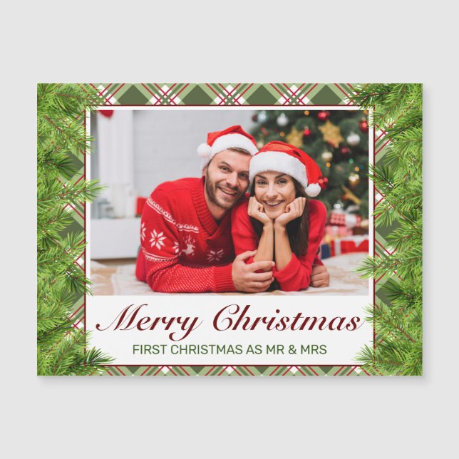 Green Red Kariert & Pine Foto Frohe Weihnachten Magnetkarte (Vorderseite)