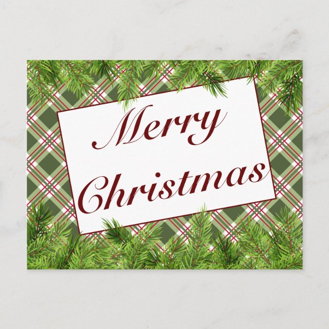Green Red Kariert & Pine Frohe Weihnachtsgrüße Ankündigungspostkarte (Vorderseite)