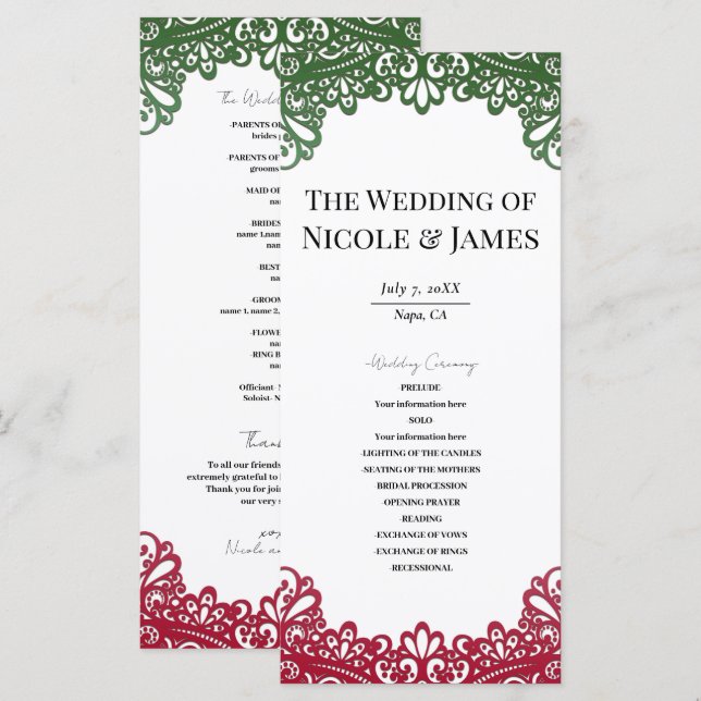 Green & Red Lace Elegant Fiesta Wedding Program Menükarte (Vorne/Hinten)