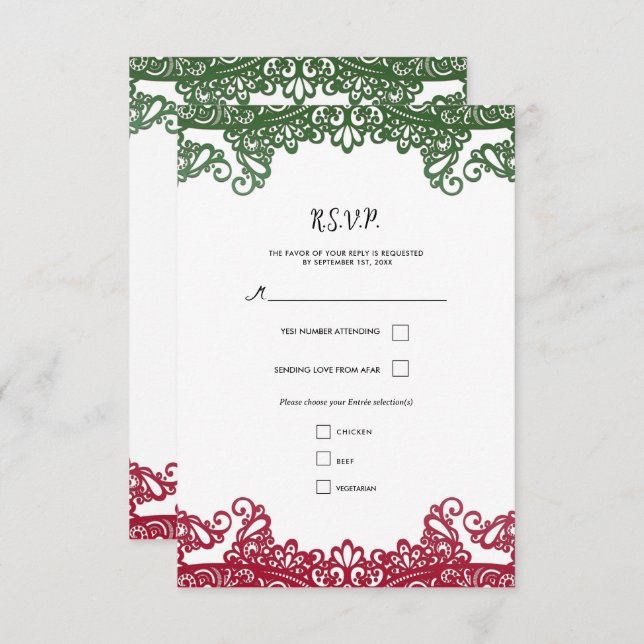 Green & Red Lace Elegant Fiesta Wedding RSVP (Vorne/Hinten)
