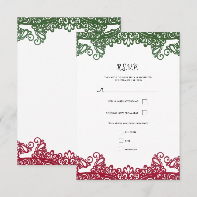 Green & Red Lace Elegant Fiesta Wedding RSVP Karte (Vorne/Hinten)
