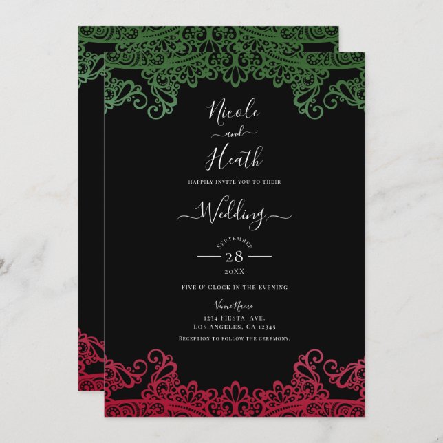 Green & Red Lace Elegante Fiesta Black Wedding Einladung (Vorne/Hinten)