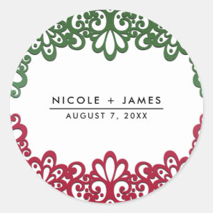 Green & Red Lace Elegante Fiesta Wedding Runder Aufkleber